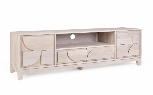 Szafka RTV ARCHITA 160×40×48 cm – szafka pod telewizor z drewna mango white washed, 2 drzwi i 2 szuflady