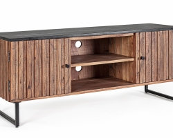 Szafka RTV NORFOLK 130×40×60 cm – szafka pod telewizor z drewna akacjowego i marmurowym blatem, 2 drzwi