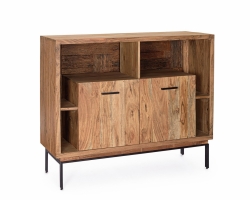 Komoda MANGAL 115×40×94 cm – komoda z drewna akacjowego i recyklingowego, stalowe nogi, 2 drzwi soft-close