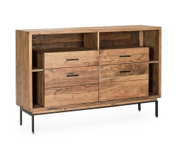 Komoda MANGAL 145×40×94 cm – komoda z drewna akacjowego i recyklingowego, stalowe nogi, 2 drzwi i 2 szuflady soft-close