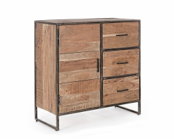 Komoda ELMER 90×40×90 cm – akacjowa komoda ze stalowym stelażem, 1 drzwi i 3 szuflady