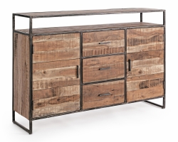 Komoda ELMER 150×40×105 cm – akacjowa komoda ze stalowym stelażem, 2 drzwi i 3 szuflady