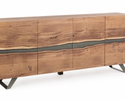 Komoda ARON 198×43×85 cm – akacjowa komoda z metalowymi detalami, 4 drzwi soft-close