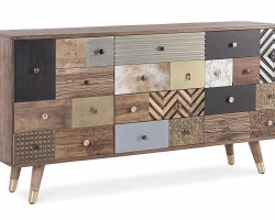 Komoda DHAVAL 150×40×78 cm – mango i akacja z recyklingu, 2 drzwi i 4 szuflady