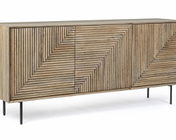 Komoda DARSEY 184×45×83,4 cm – mango, stalowe nogi, 3 drzwi z półkami
