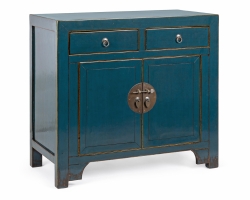 Komoda JINAN BLUE 91×43×84 cm – niebieski lakier, drewno z recyklingu, 2 drzwi i 2 szuflady