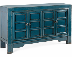 Komoda JINAN BLUE 133×40×82 cm – niebieski lakier, drewno z recyklingu, 4 drzwi