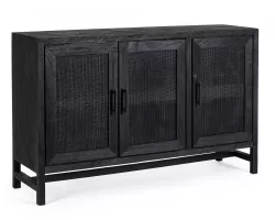 Komoda WESTON 125×35×80 cm – mango kolor mango, rattanowe wstawki, 3 drzwi