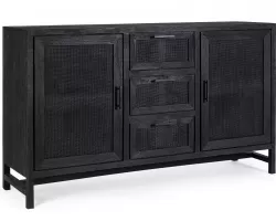 Komoda WESTON 150×40×90 cm – mango kolor czarny, rattanowe wstawki, 2 drzwi i 3 szuflady