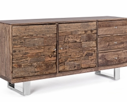 Komoda STANTON 160×45×75 cm – mango, stalowe nogi, front z recyklingu, 2 drzwi i 3 szuflady