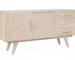 Komoda SAHANA 155×40×80 – mango jasnobeżowe i rattanowe fronty, styl boho z 2 drzwiami i 3 szufladami do salonu