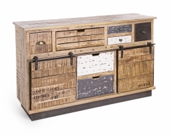 Komoda w stylu loft TUDOR 125×37×80 – drewno mango i stal, nowoczesna komoda z 2 drzwiami i 7 szufladami
