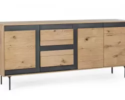 Komoda STANWOOD 200×45×85 – dąb i stal, nowoczesna komoda z 3 drzwiami i 3 szufladami