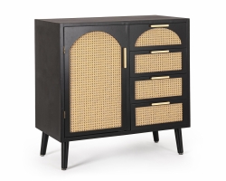Komoda JOSINE BLACK 80×40×80 – sosna i MDF, 1 drzwi i 4 szuflady z rattanowymi wstawkami