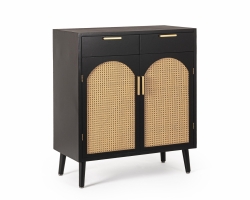 Komoda JOSINE BLACK 80×40×92 – sosna i MDF, 2 drzwi i 2 szuflady z rattanowymi wstawkami