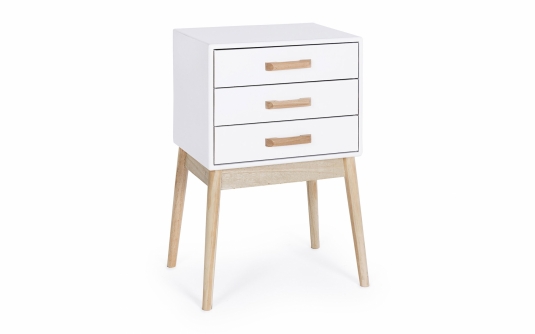 Szafka ORDINARY WHITE 3DR – MDF i drewno paulownia, sosnowe nogi, 3 szuflady, wymiary 43×30×68 cm