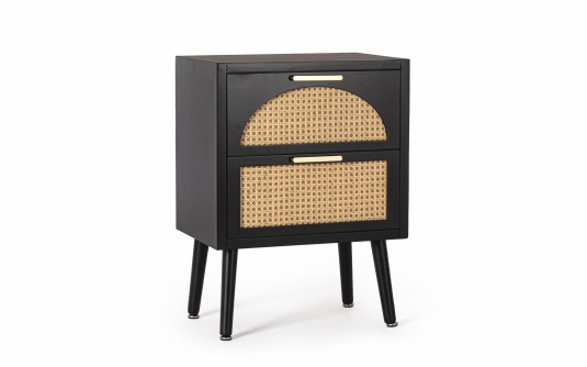 Komoda JOSINE BLACK 2DR Bizzotto czarna – MDF, szuflady z rattanem, sosnowe nogi, stalowe uchwyty, wymiary 45×30×60 cm